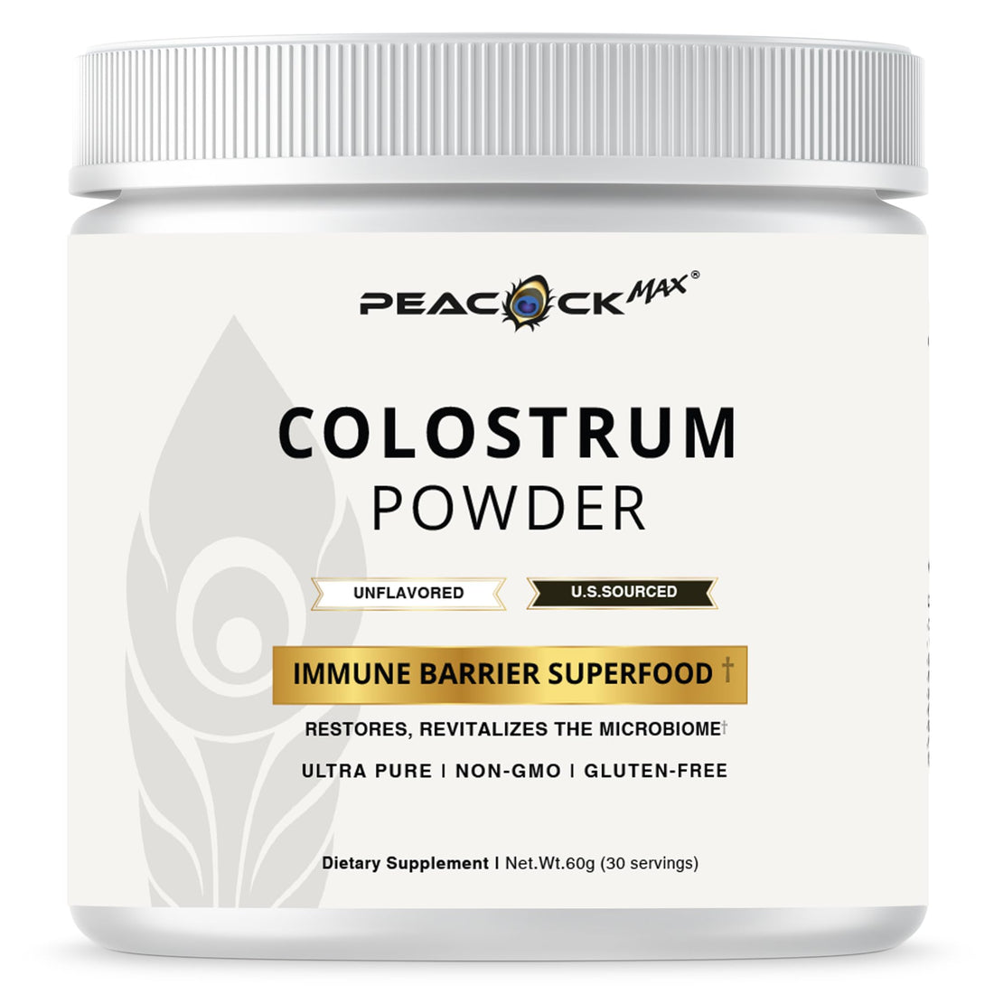 Peacock Max Colostrum Powder – 60g (30 Servings), Unflavored Bovine Colostrum Supplement, Superfood for Hair, Skin & Gut Health, Gluten-Free, Non-GMO Peacock Max Au supplements