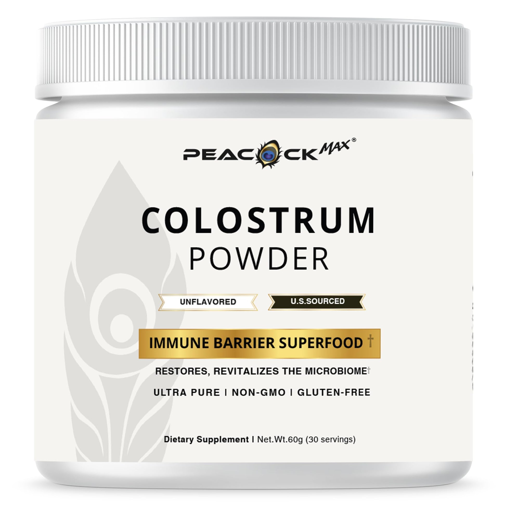 Peacock Max Colostrum Powder – 60g (30 Servings), Unflavored Bovine Colostrum Supplement, Superfood for Hair, Skin & Gut Health, Gluten-Free, Non-GMO Peacock Max Au supplements