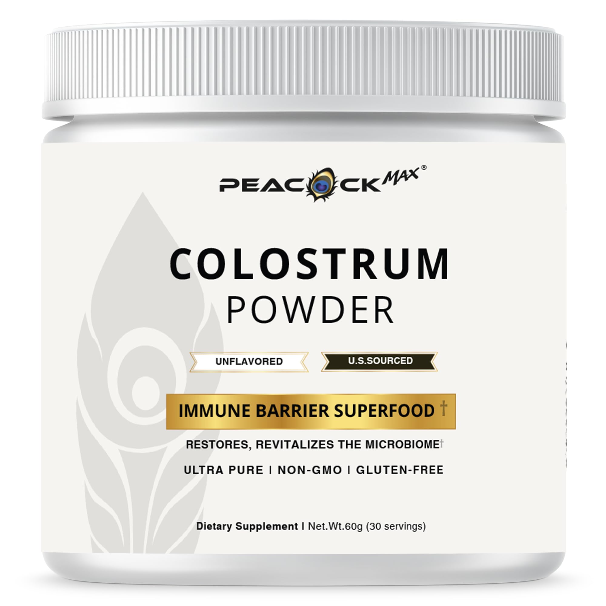 Peacock Max Colostrum Powder – 60g (30 Servings), Unflavored Bovine Colostrum Supplement, Superfood for Hair, Skin & Gut Health, Gluten-Free, Non-GMO Peacock Max Au supplements