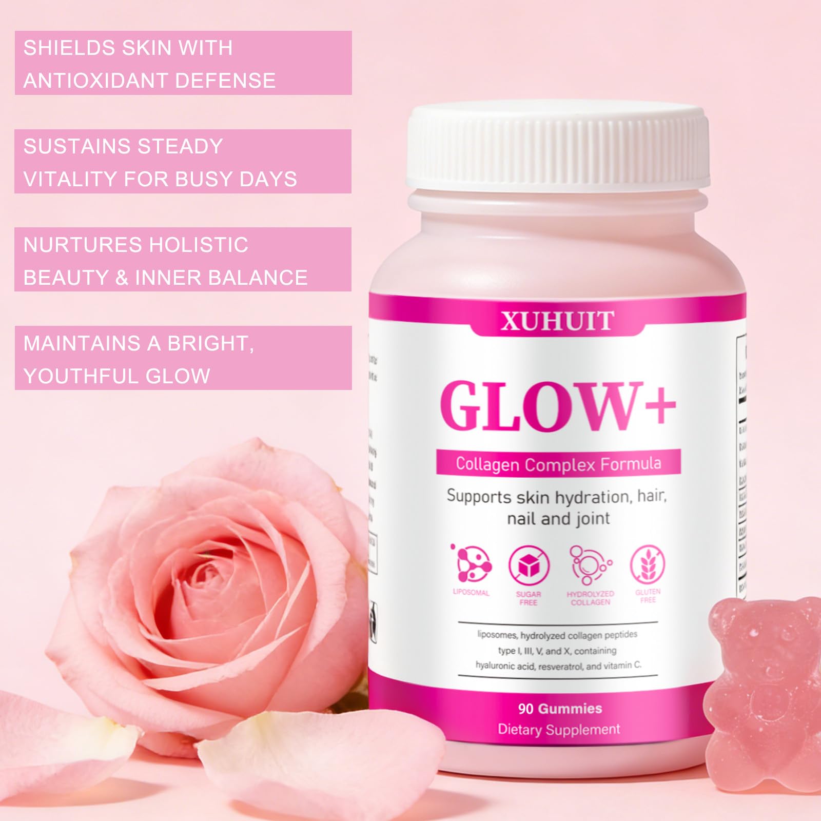 PBZPBZ Glow Collagen Gummies with Hyaluronic Acid & Resveratrol | Gentle Support for Skin, Hair & Nail Care | Non-GMO | 90 Count (1) PBZPBZ Au supplements