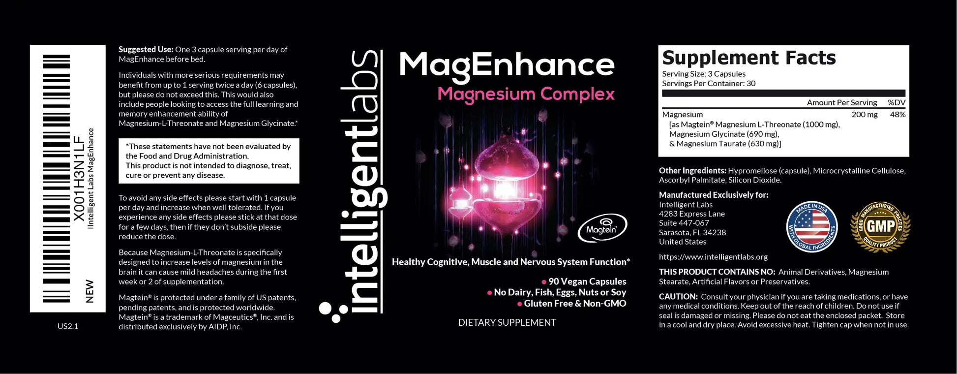 Intelligent Labs MagEnhance Magtein Magnesium Complex Supplement L-Threonate with Magnesium Glycinate and Taurate, 90 Capsules Intelligent Labs Au supplements