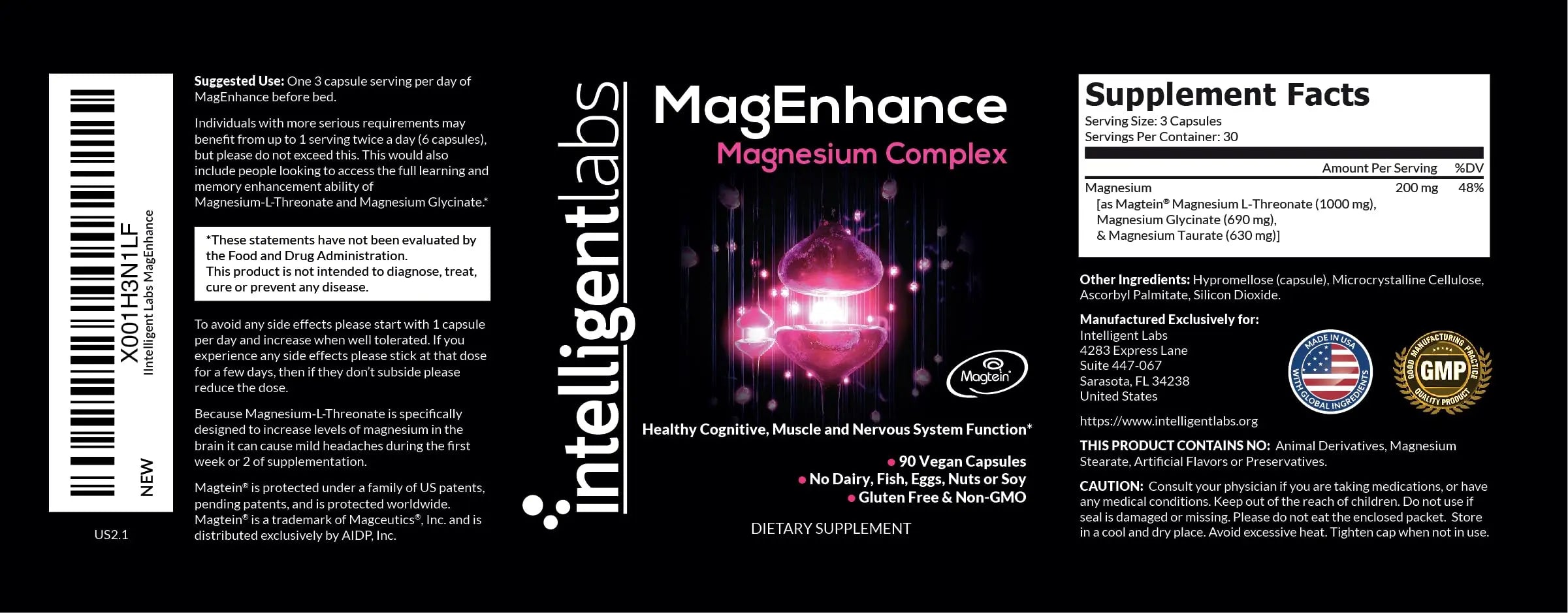 Intelligent Labs MagEnhance Magtein Magnesium Complex Supplement L-Threonate with Magnesium Glycinate and Taurate, 90 Capsules Intelligent Labs Au supplements
