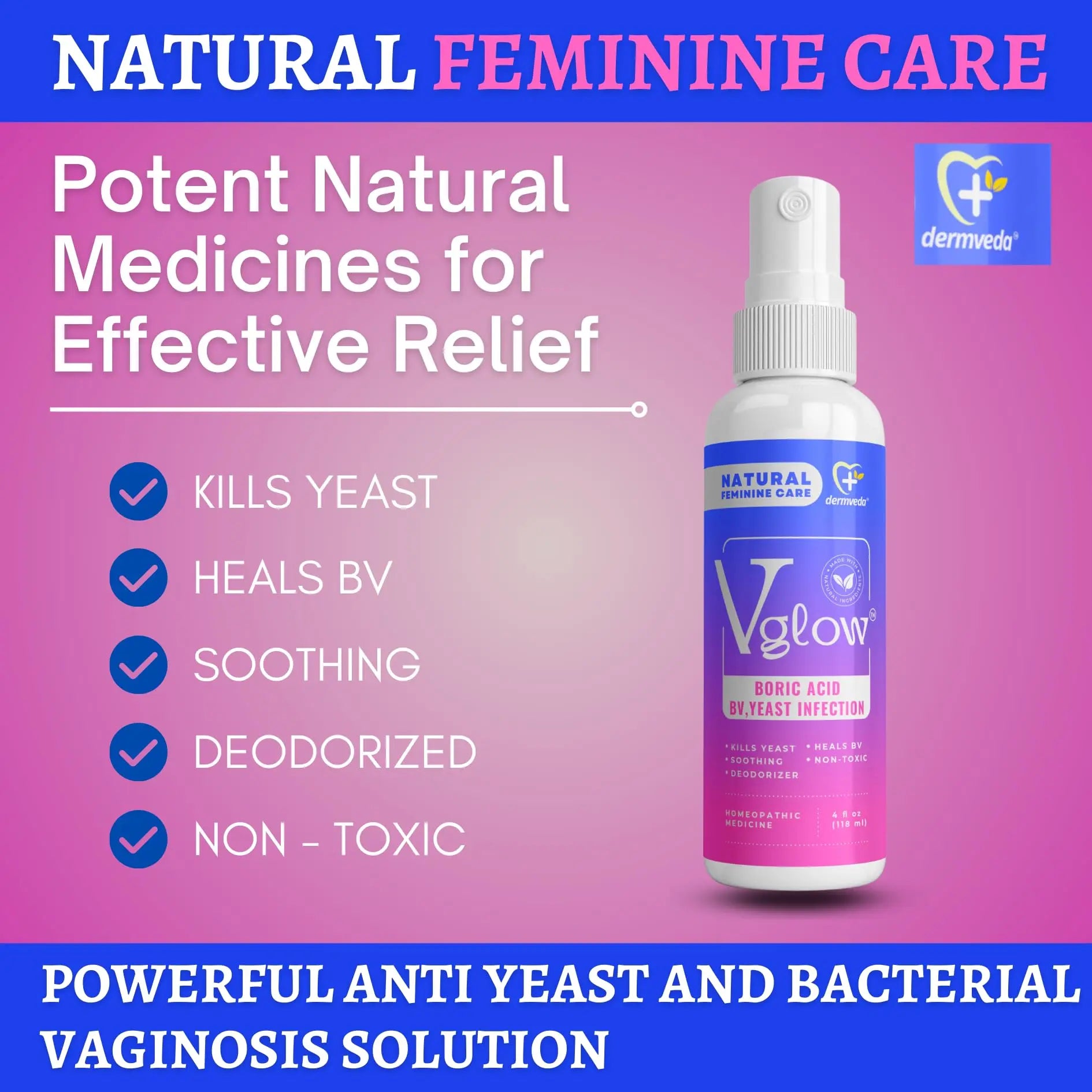 Dermveda Boric Acid BV Relief for Women - Natural Yeast Infection, Odor, Itch Relief Solution - Treats Yeast Infection Symptoms with Effective Boric Acid Formula. Dermveda Au supplements
