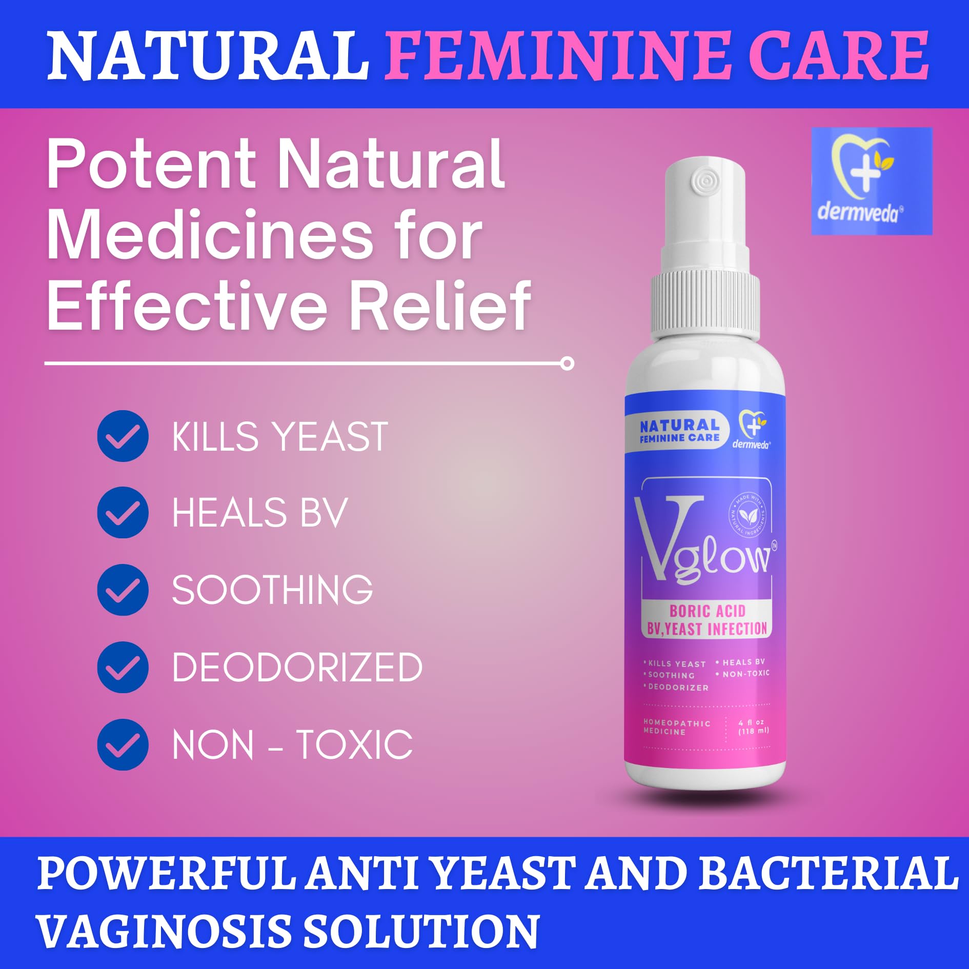 Dermveda Boric Acid BV Relief for Women - Natural Yeast Infection, Odor, Itch Relief Solution Dermveda Au supplements