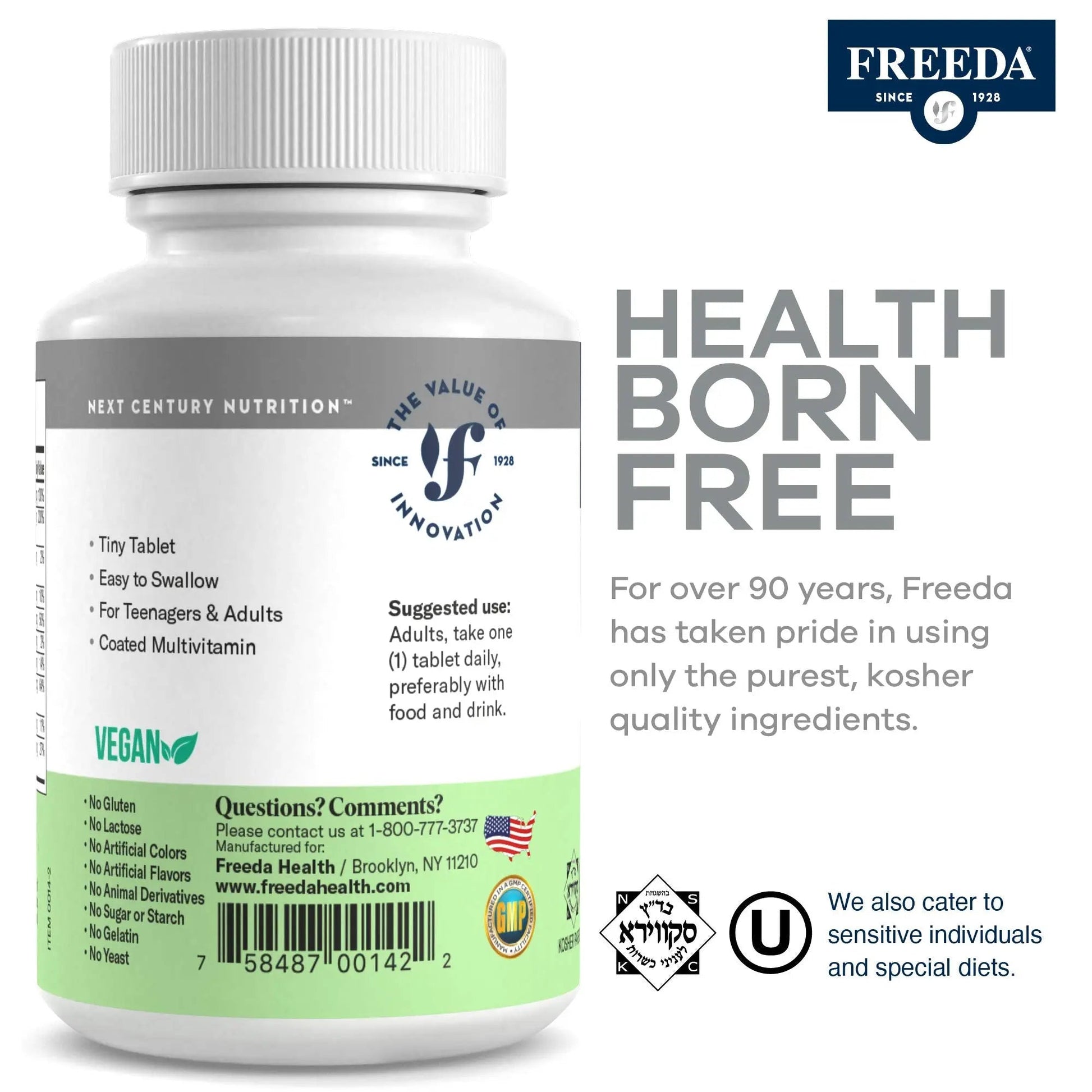 Freedavite Tiny Tablet - Moderate Multivitamin for Men and Women - Pure Vitamin A, C, D, E, B1, B2, B6, B12, Biotin, Calcium, Zinc, Iron, Magnesium FREEDAUS supplements