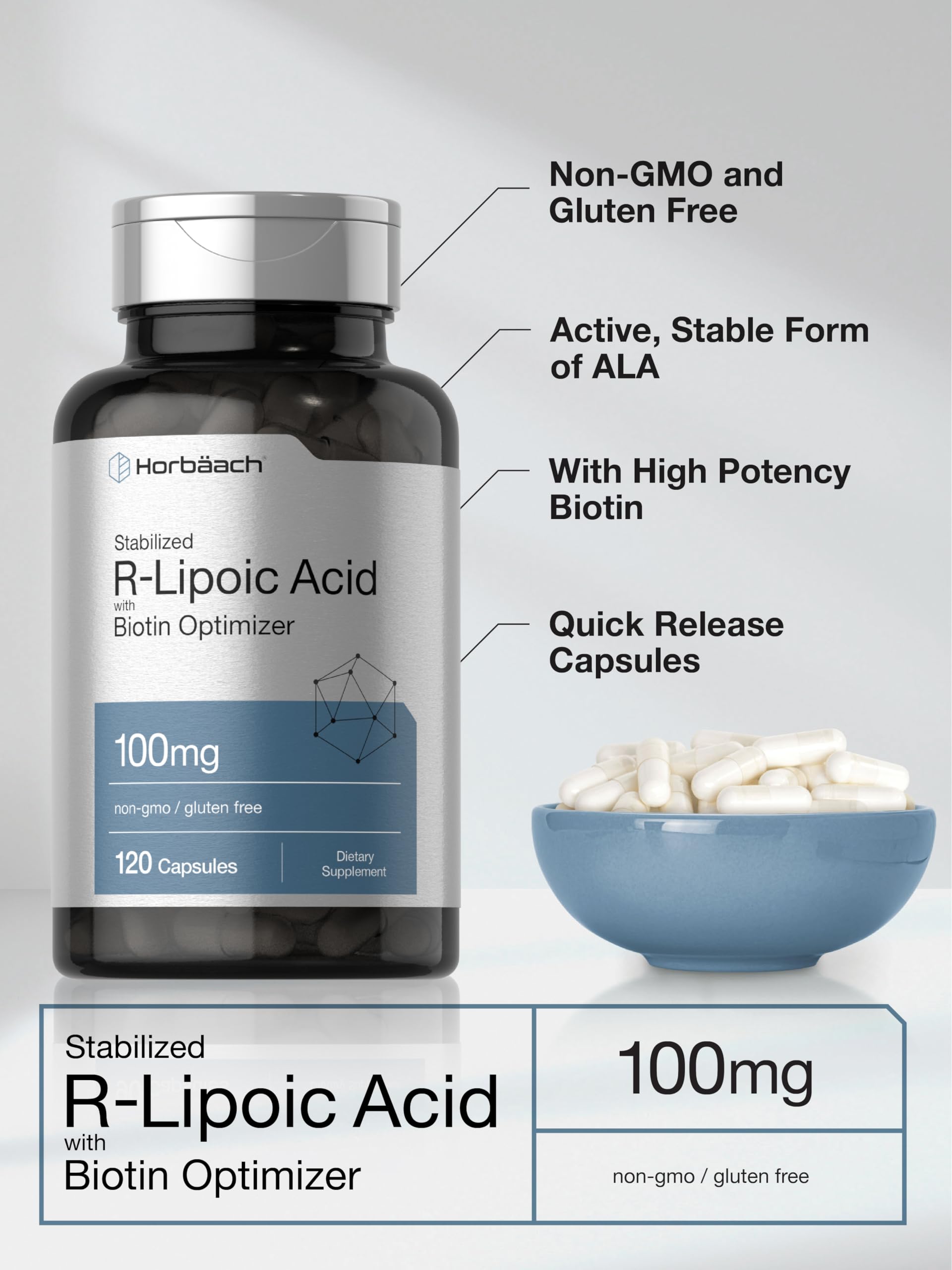 R-Lipoic Acid 100 mg | 120 Capsules | with Biotin Optimizer | Non-GMO, Gluten Free Horbäach Au supplements