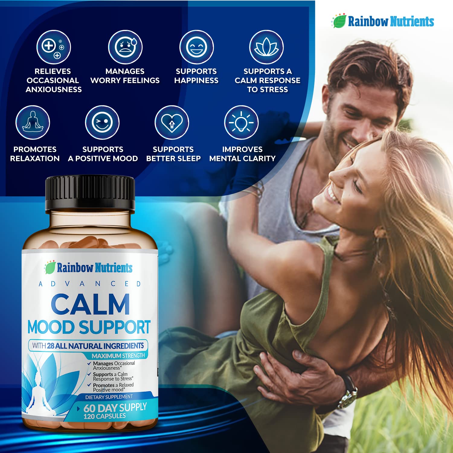 28 in 1 Calm Mood Support Supplement- Natural Happy Pills for Occasional Anxiousness & Stress, Worry feelings, Relaxation, Mental Clarity | Max Sleep & Mood Support for Women & Men|120 Vegan Capsules Rainbow Nutrients, LLC Au supplements