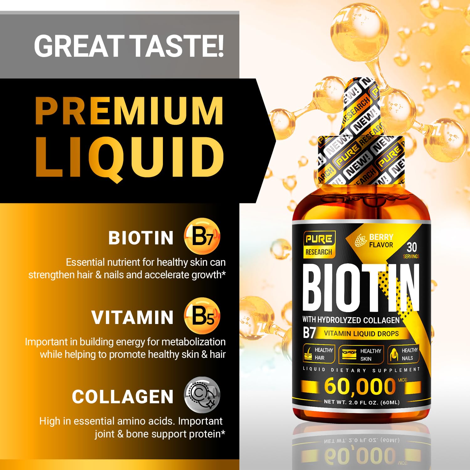 PURE RESEARCH Liquid Biotin & Collagen Hair Growth Drops 60,000mcg – Biotin and Liquid PURE RESEARCH Au supplements