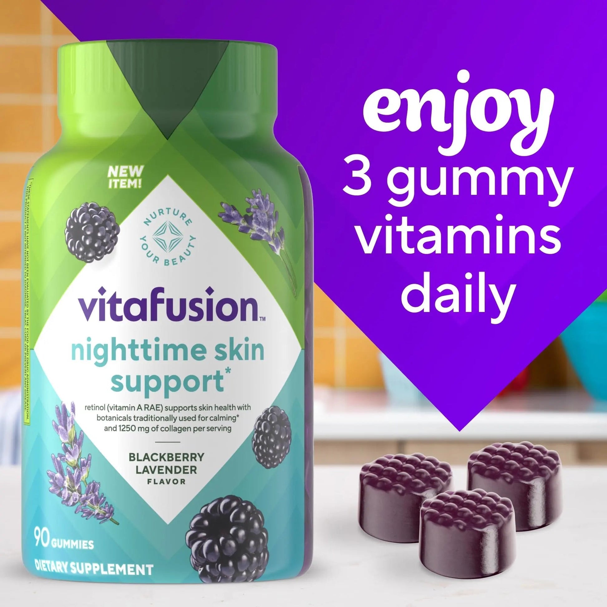 vitafusion Nighttime Skin Support (1), Beauty Supplement with Retinol (Vitamin A RAE), Collagen & Bedtime Botanicals Vitafusion Au supplements