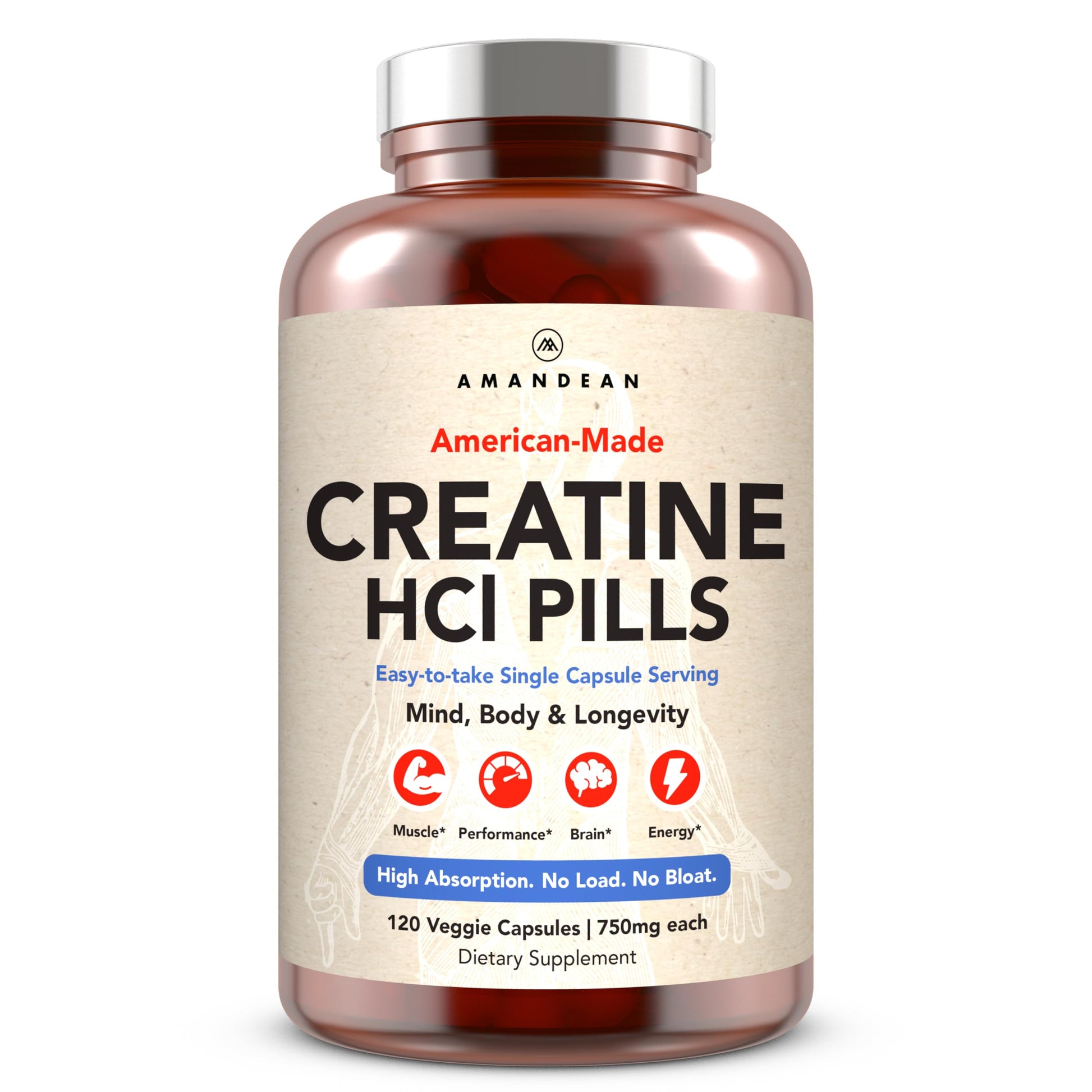 AMANDEAN Creatine HCl Pills. American Made CON-CRET. 120 Capsules. 7X Concentrated vs Monohydrate Powder. No Bloat. Muscle, Energy, Cognitive, Recovery Support for Men & Women. Gluten Free, Non-GMO. AMANDEAN Au supplements