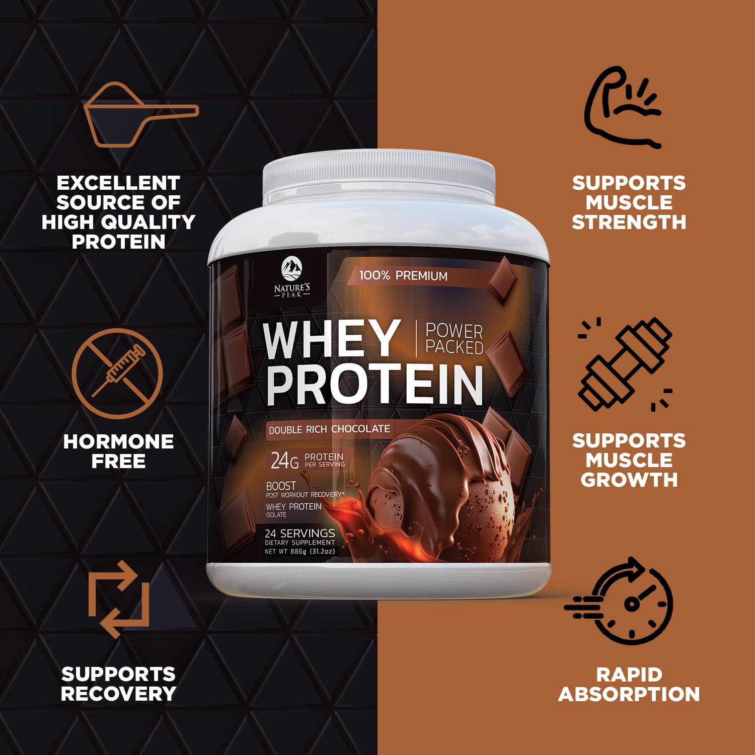 Nature's Premium 100% Whey Protein Powder, 24g of Protein, Double Rich Chocolate Nature's Peak Au supplements