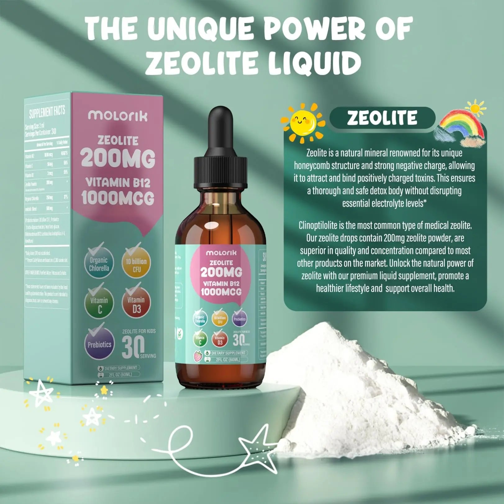 Zeolite Detox for Kids and Adults, 200mg Zeolite Liquid Drops with 1000mcg Vitamin B12, Organic Chlorella, 10 billion CFU & Prebiotics for Gut Support & Speech, Immune, Bone, Energy*, Strawberry, 60ML molorik pure Au supplements