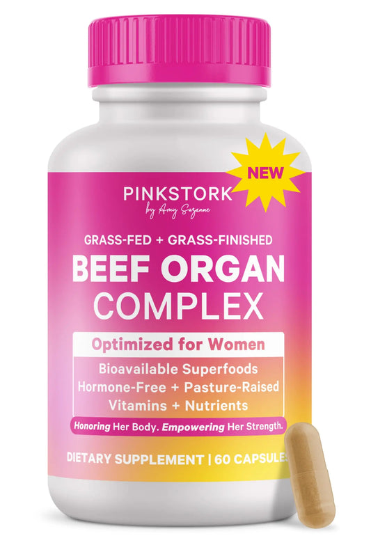 Pink Stork Beef Organ Supplement for Women | Grass-Fed Beef Liver Capsules with Iron, B12, CoQ10, Vitamin A | Primal Multivitamin for Female Hormone + Energy Support | 60 Capsules Pink StorkAU supplements