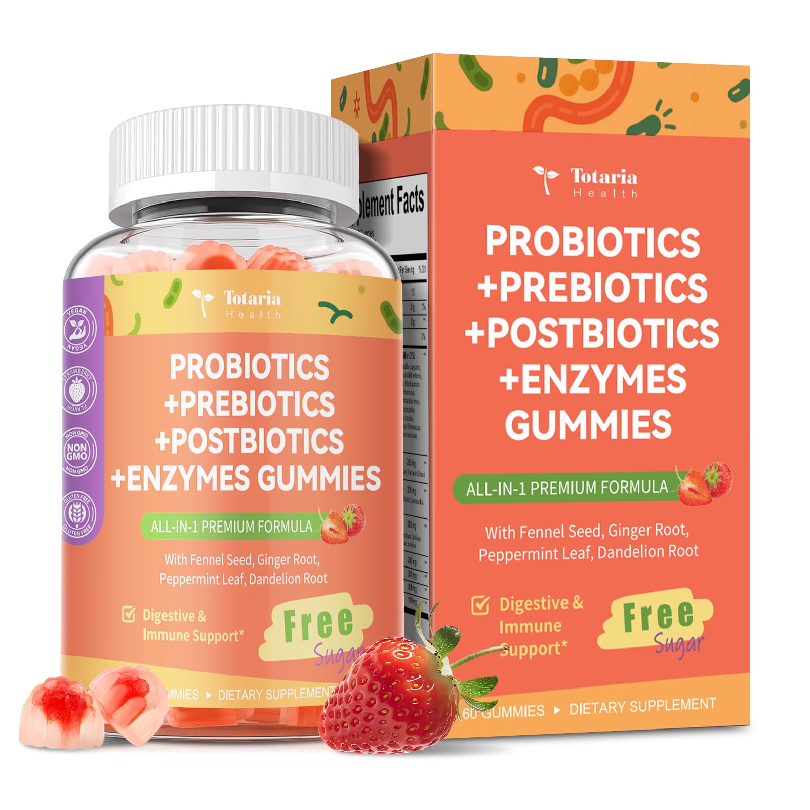 Totaria Sugar Free 5-in-1 Probiotic Prebiotic Postbiotic Gummy, 36 Strains Probiotics for Women Men with Digestive Enzymes, Peppermint, Complete Immune, Gut & Digestive Support, Vegan, 60 Counts Totaria Au supplements
