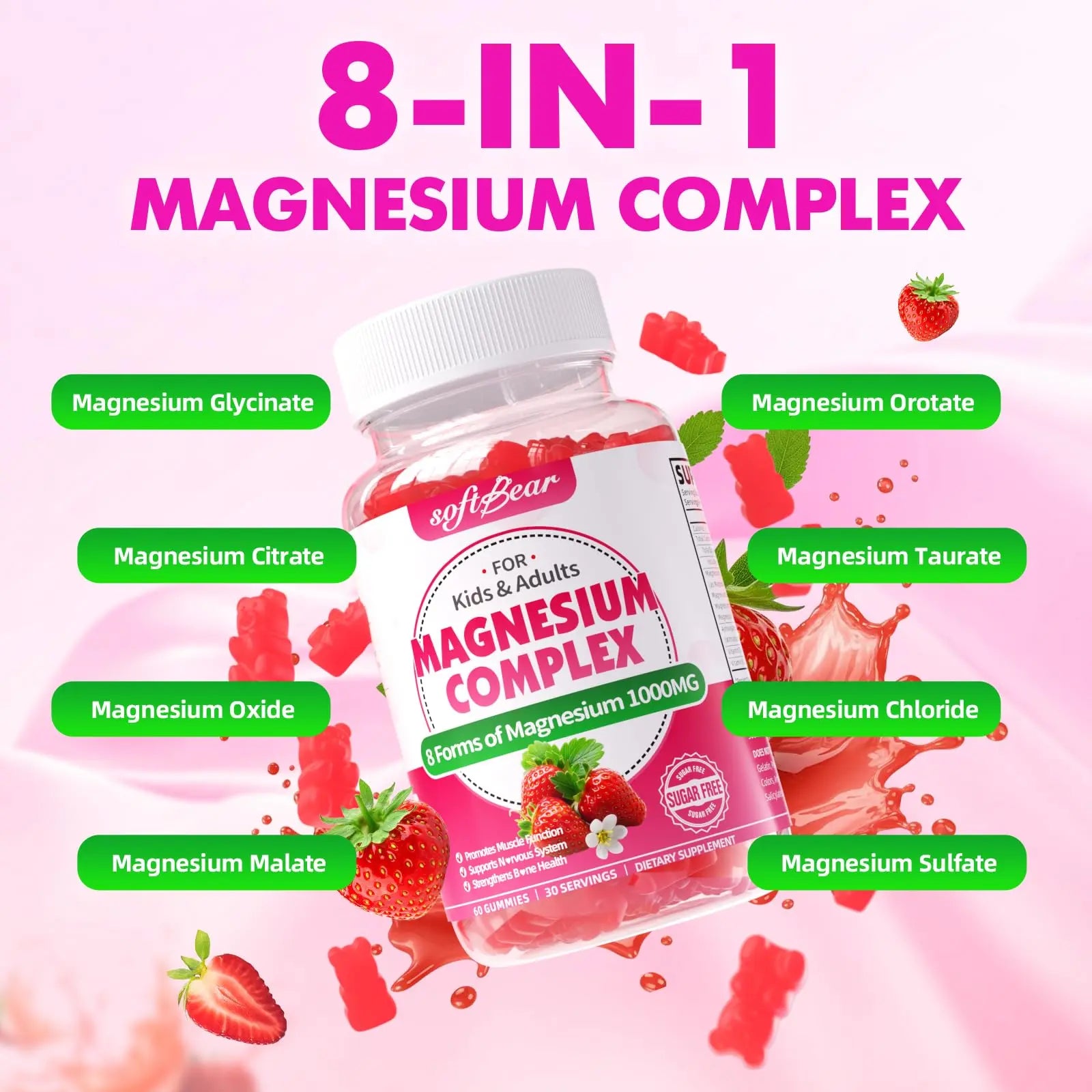 softbear Magnesium Complex Gummies for Women & Men & Kids, 8 in 1 Magnesium Complex Supplement 1000mg-Magnesium Glycinate,Citrate,Malate Supports Calm, Zzz, Muscle Cramp, Strawberry Flavor 120 Count softbear Au supplements