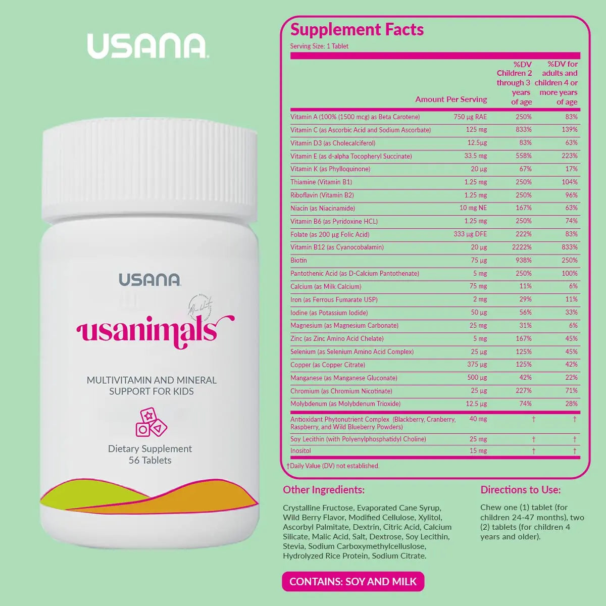 USANA Usanimals Multivitamin for Kids - Daily Chewable Tablets with Vitamins A, C, D, E, B6, B12, Zinc, Iron - Supports Immune, Bone & Brain Health USANA Au supplements