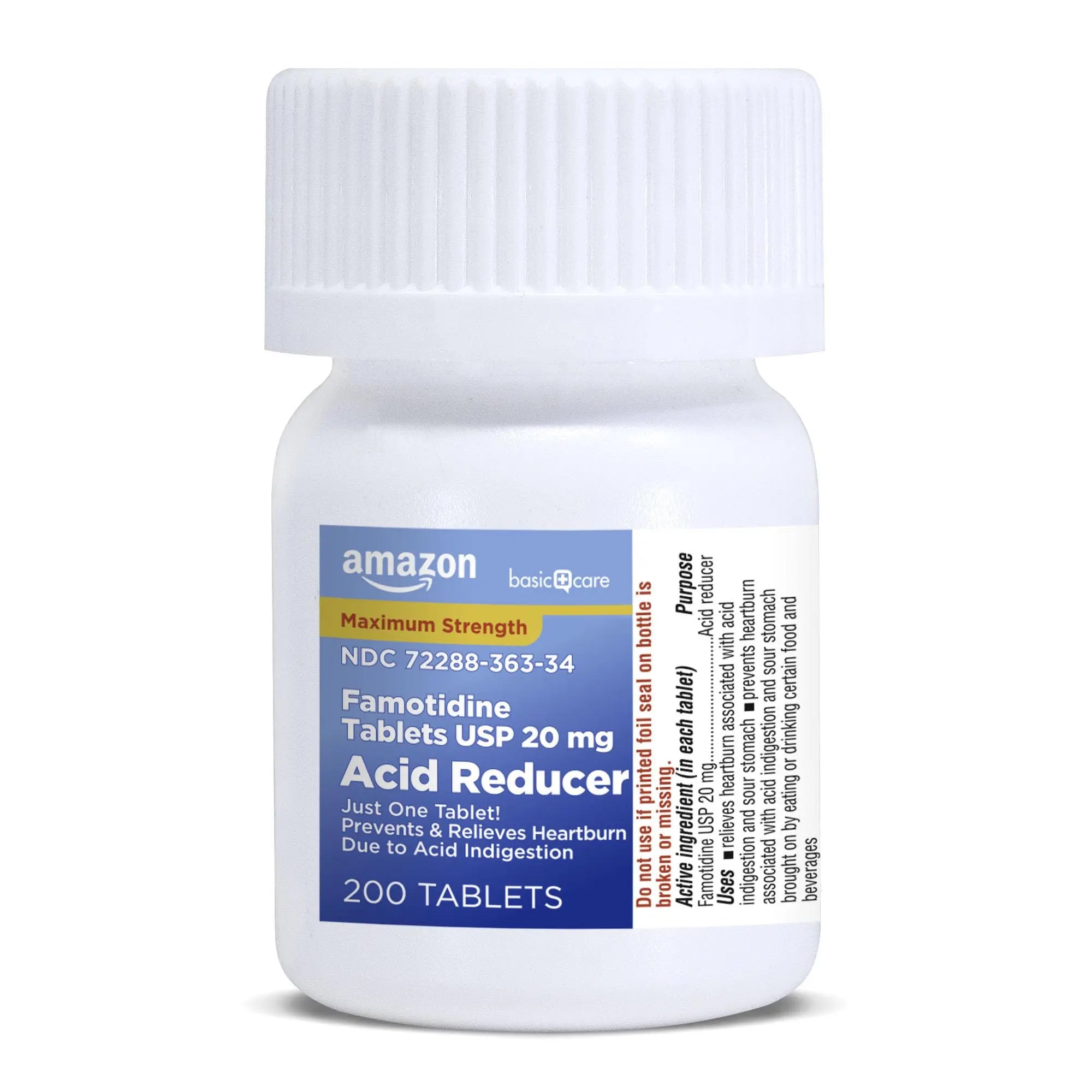 Amazon Basic Care Maximum Strength Famotidine Tablets 20 mg, Acid Reducer for Heartburn Relief, Prevents & Relieves Acid Indigestion, Heartburn Medicine, 12 Hour Protection, 200 Count Amazon Basic Care Au supplements