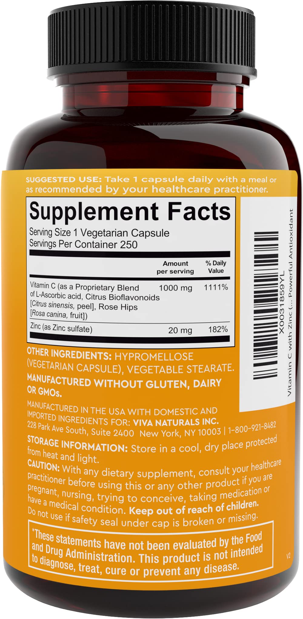 Viva Naturals Vitamin C and Zinc Supplement (250 Capsules) - 1000 mg Vitamin C with Zinc 20 mg Antioxidant Supplements for Immune Support, Vitamin Supplement for Adults Viva Naturals Au supplements