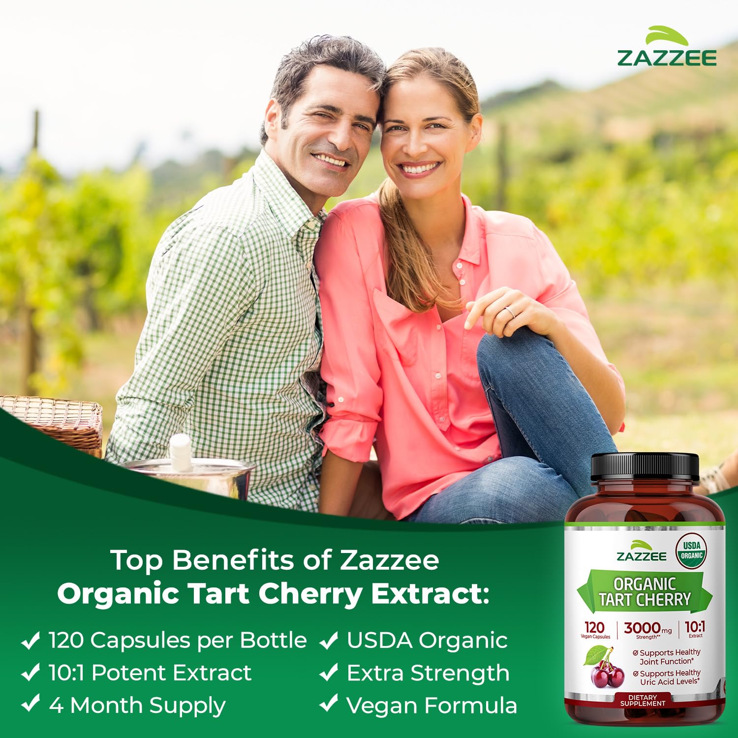 Zazzee USDA Organic Tart Cherry 10:1 Extract, 120 Vegan Capsules, 4 Month Supply, Montmorency Cherry, Daily Wellness Antioxidant Support, Organic Herbal Supplement, All-Natural, Non-GMO, Made in USA Zazzee Au supplements