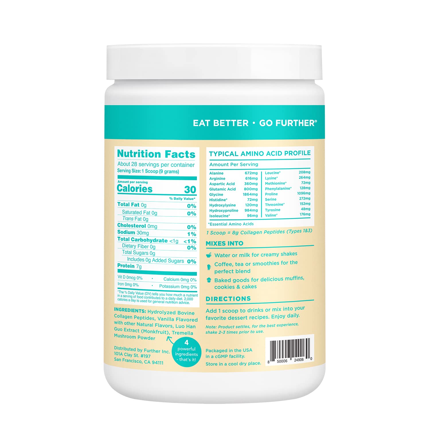 Further Food Collagen Peptides Powder Vanilla Flavored Keto Grass-Fed Collagen Type Further Food Au supplements