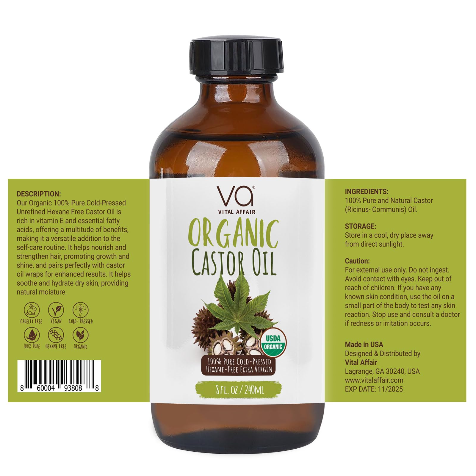 VITAL AFFAIR Castor Oil Organic Cold Pressed Unrefined Glass Bottle- USDA Certified Organic Castor Oil VITAL AFFAIR Au supplements