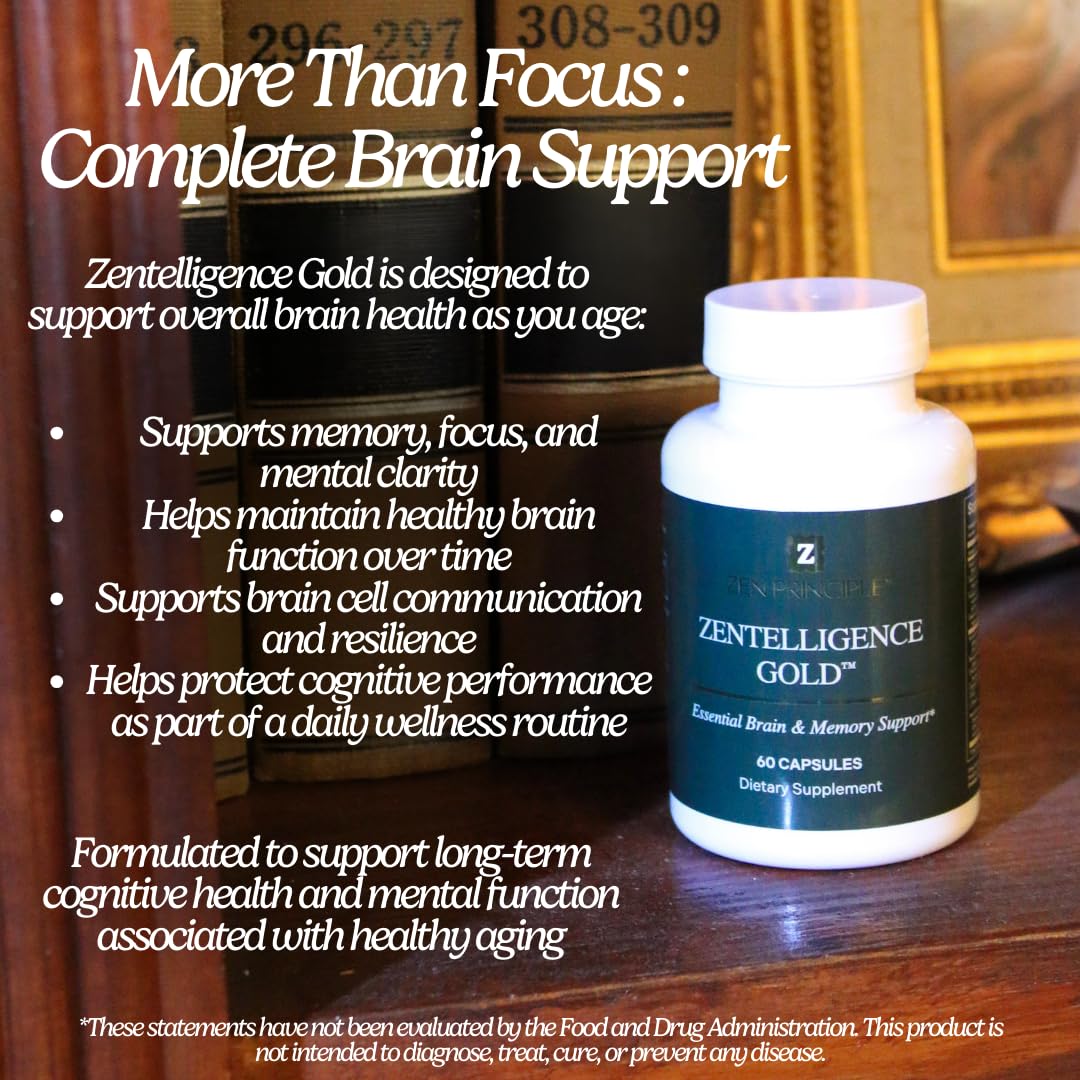 Zen Principle Zentelligence™ Gold Brain Supplement – Memory, Focus & Mental Clarity. Premium Cognitive Support for Adults 40+ with Magnesium, Vitamin D3, CoQ10, Vitamin B12 & L-Theanine. 60 Capsules Zen Principle Au supplements