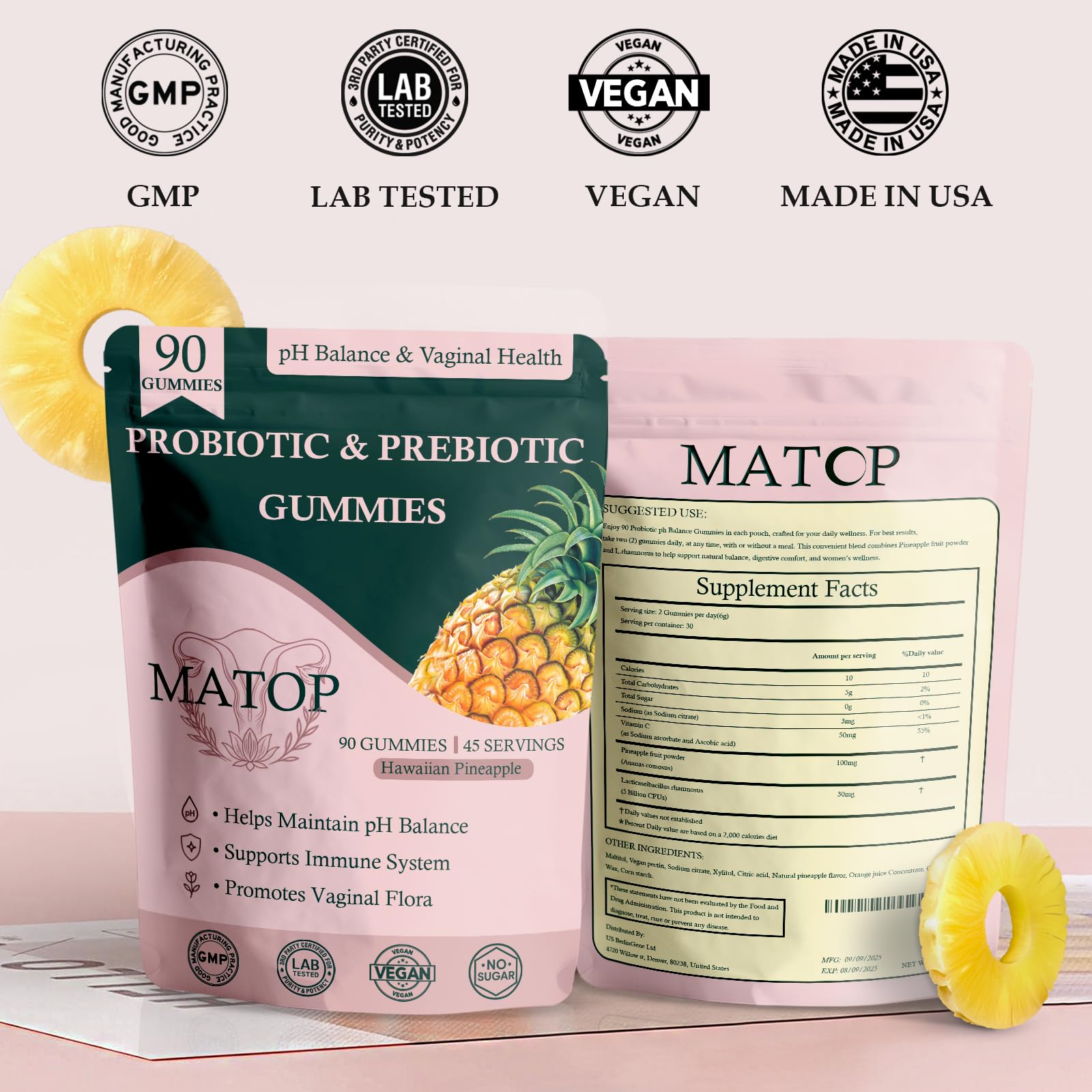 MATOP Probiotic Prebiotic pH Balance Gummies - Vaginal Health Gummies for Women Pro + Prebiotic with Pineapple Flavor, Vegan, Sugar-Free – 90 Gummies (45 Servings) MATOP Au supplements