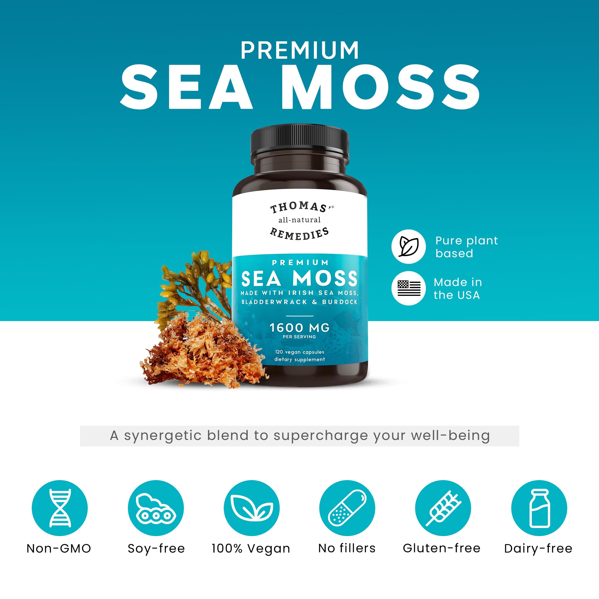 Thomas' all-natural Remedies Irish Sea Moss Capsules, Sea Moss with Bladderwrack & Burdock Root Organic for Gut Health, Digestion, Energy & Immune Support, 120 Seamoss Pills Thomas' all-natural Remedies Au supplements