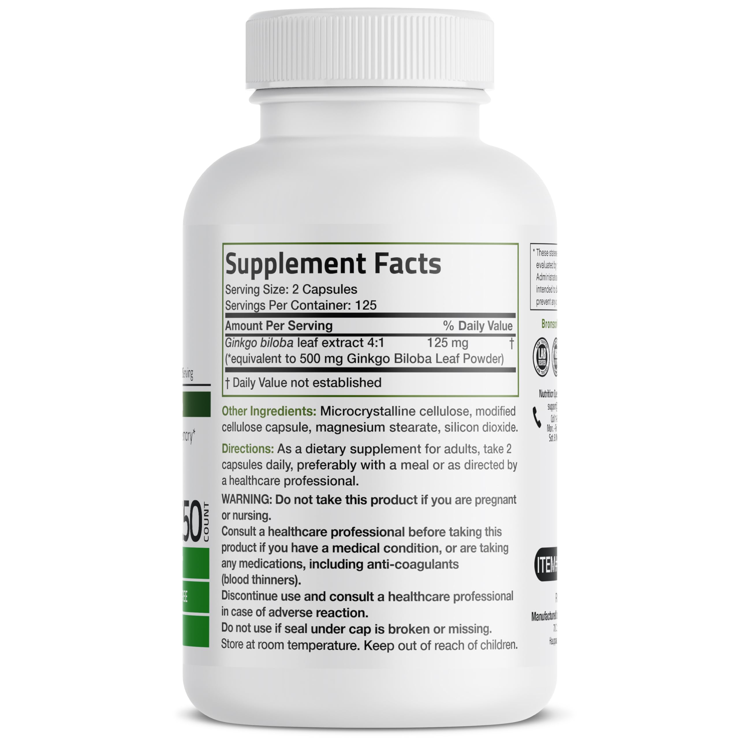 Bronson Ginkgo Biloba Extra Strength 125mg (4:1 Extract) Equivalent to 500mg Bronson Au supplements