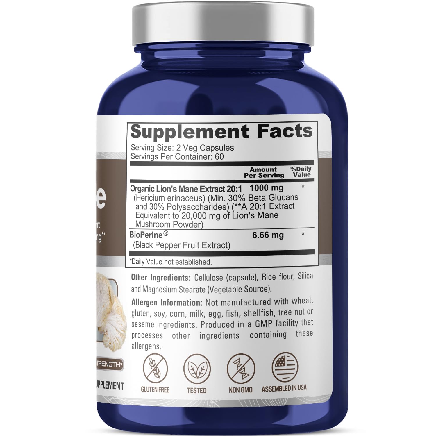 NusaPure Lions Mane 20:1 Extract (20,000 mg Equivalent) - Made with Organic Lion`s Mane, Bioperine - 30% Polysaccharides - 120 Veggie Caps. Non-GMO, Gluten Free NusaPure Au supplements