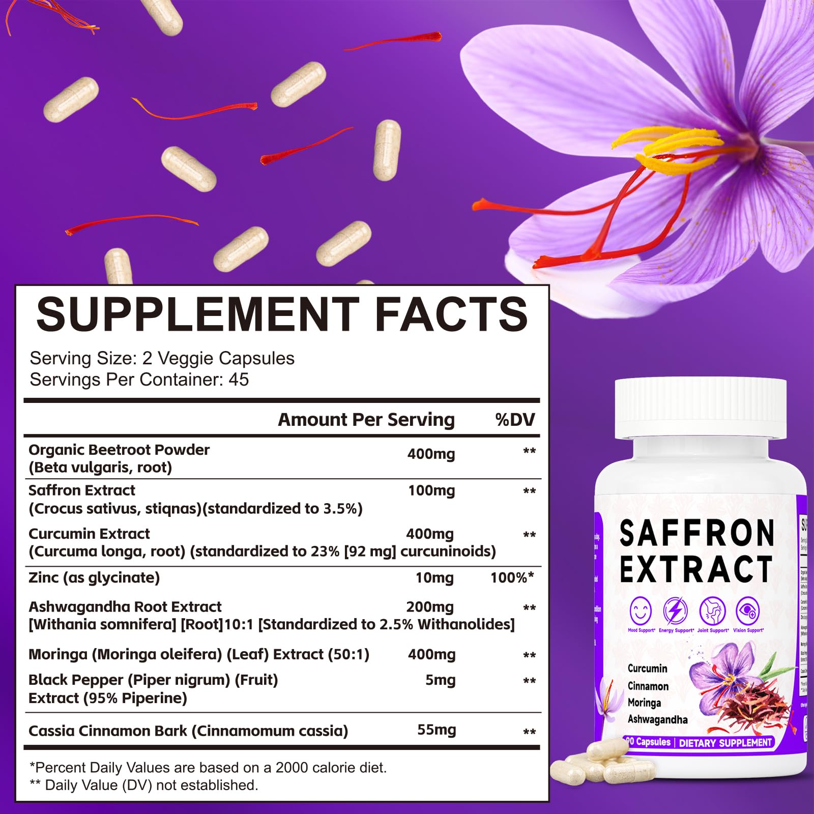 Happy Saffron Supplements, 100mg Saffron Extract, Saffron Blend with Turmeric & Ashwagandha, Supports Mood, Focus, and Energy Boost, 90 Capsules Mosslly Au supplements