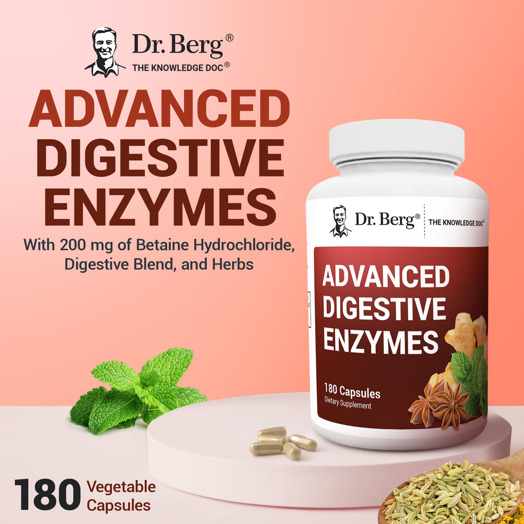 Dr. Berg Advanced Digestive Enzymes with Apple Cider Vinegar - Includes Digestive Health Ingredients Like Betaine Hydrochloride (HCI), Ginger Root & Peppermint Leaf - 180 Capsules Dr. Berg Nutritionals Au supplements