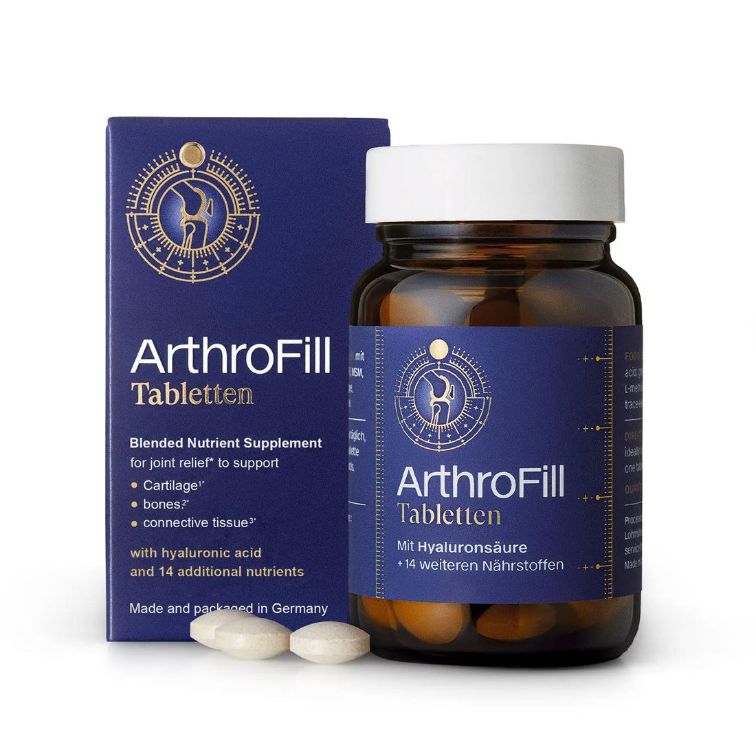 ArthroFill™ Tablets - Proven European Joint Relief - Vegan Hyaluronic Acid - Nutrient Complex - Support Active Movement Functions with 15 Vital Micronutrients - Made in Germany ArthroFill uk supplements