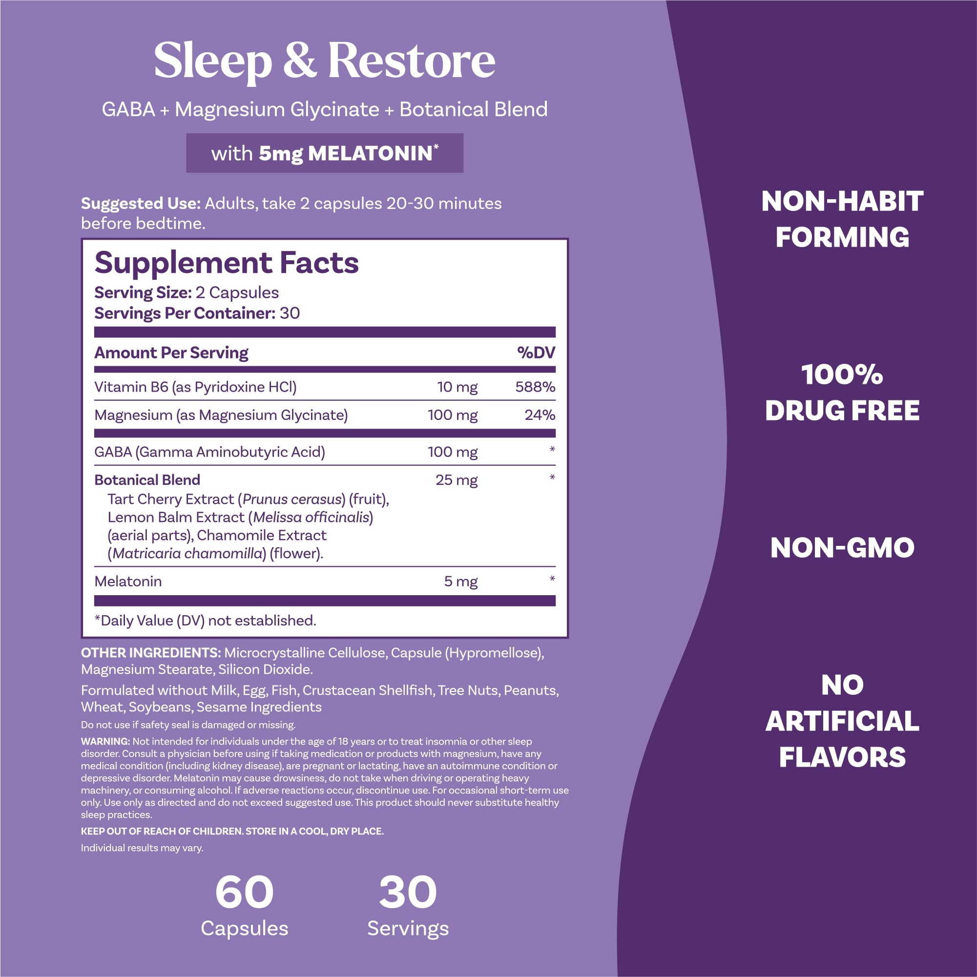 Natrol Sleep & Restore Capsules - Calm Magnesium Glycinate, Magnesium Sleep Aid with GABA, Melatonin 5mg, Botanical Blend, 30 Day Supply Natrol Au supplements