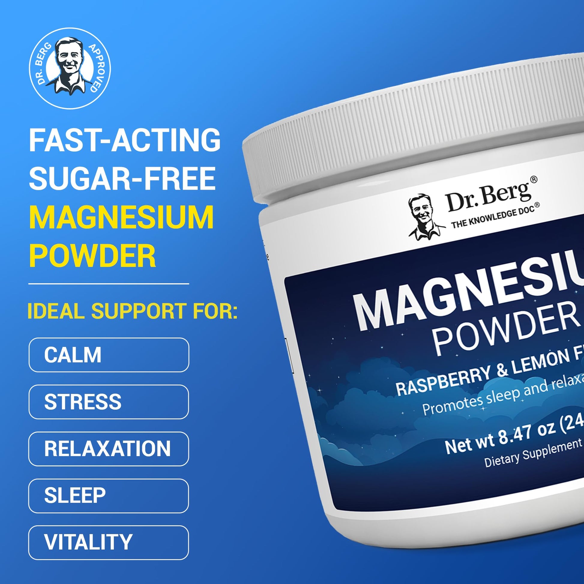 Dr. Berg Magnesium Glycinate Powder for Sleep, Relaxation, & Stress Relief - Now Includes Vitamin D3 & Zinc - Delicious Raspberry & Lemon Flavor (50 Servings) Magnesium Powder - Magnesium Drink Powder Dr. Berg Nutritionals Au supplements