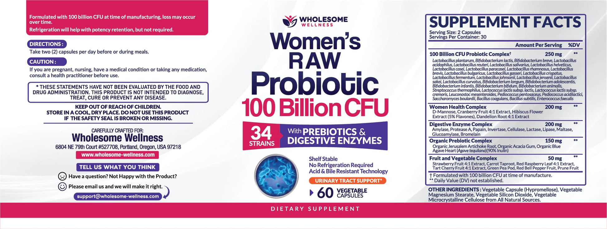 Wholesome Wellness Dr. Formulated Raw Probiotics for Women 100 Billion CFUs Capsules with Prebiotics, Digestive Enzymes, Approved for Adults, Shelf Stable Supplement Wholesome Wellness Au supplements