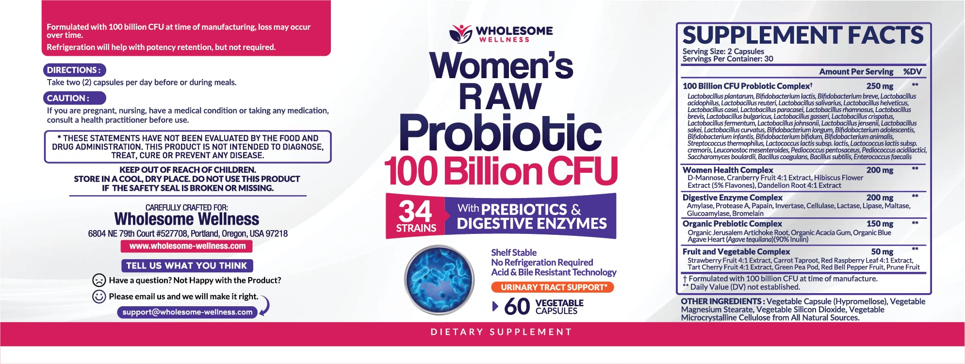 Wholesome Wellness Dr. Formulated Raw Probiotics for Women 100 Billion CFUs Capsules with Prebiotics, Digestive Enzymes, Approved for Adults, Shelf Stable Supplement Wholesome Wellness Au supplements