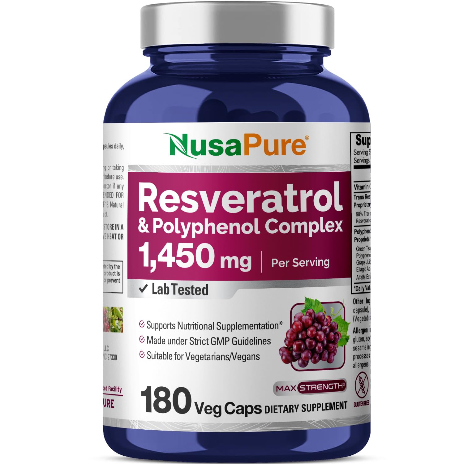 NusaPure Resveratrol & Polyphenol Complex 1450mg 180 Vegetarian Caps (Non-GMO, Vegan) Vitamin C NusaPure Au supplements