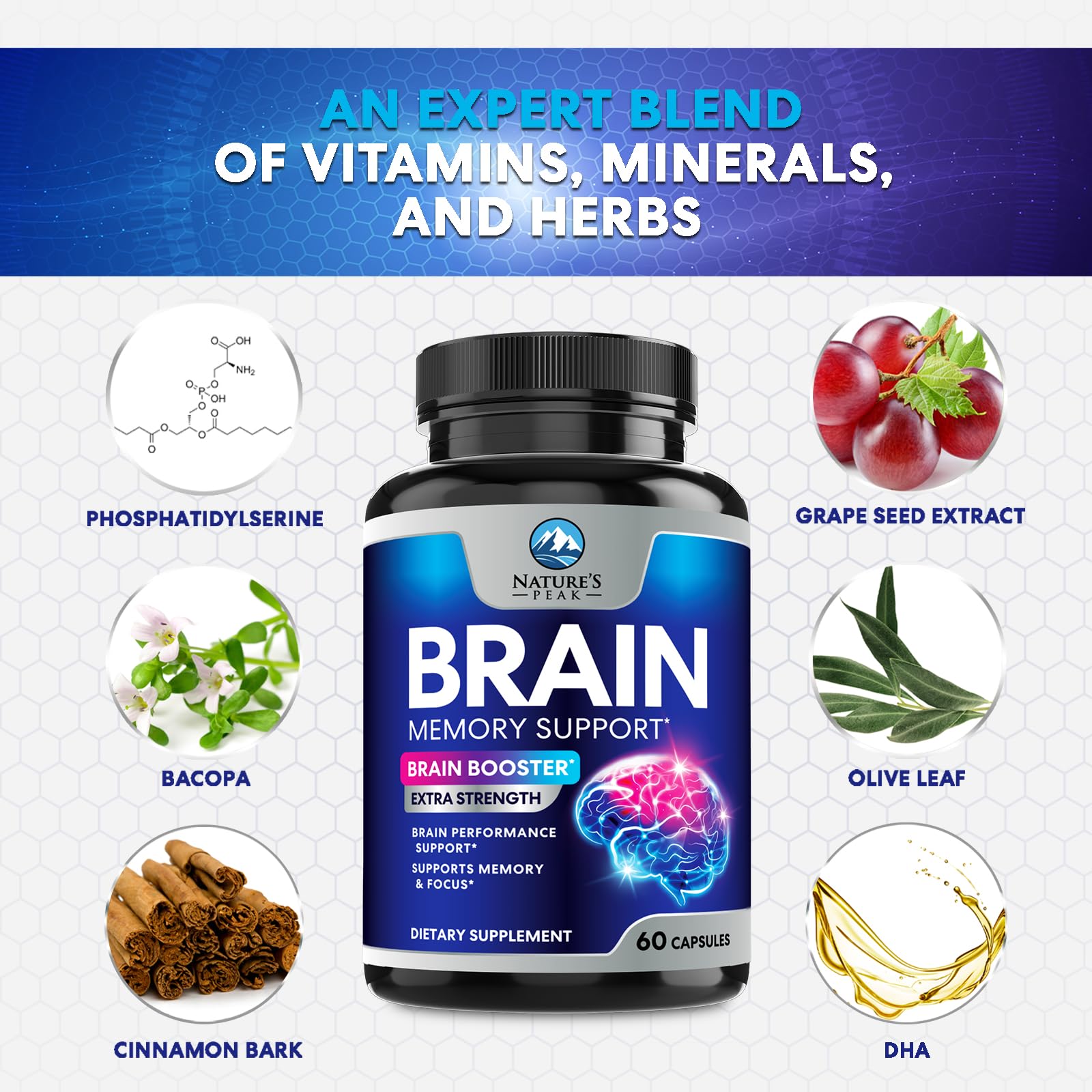 Brain Memory Supplement - 3X Strength Nootropics for Concentration, Clarity & Focus Support - Brain Health Cognitive Vitamins with Bacopa, Phosphatidylserine & DMAE, Brain Booster Pills, 60 Capsules Nature's Peak Au supplements