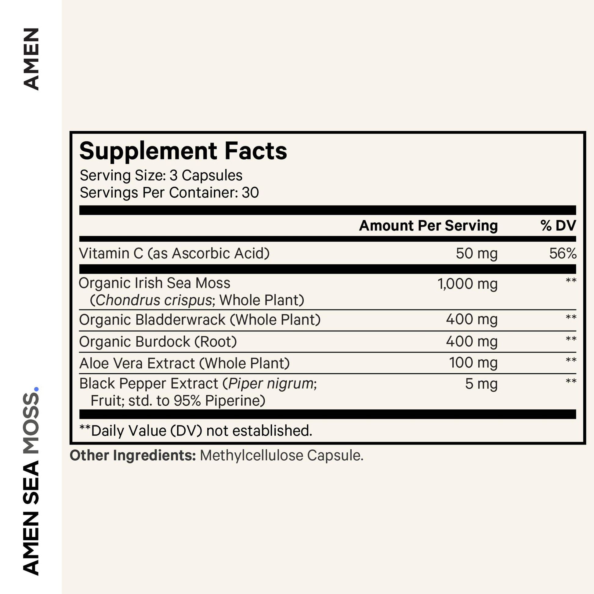 Amen Sea Moss Supplement - 1000mg Organic Irish Sea Moss, Bladderwrack, Burdock - Vitamin C, Aloe Vera, Black Pepper - Seaweed Superfood, Vitamins, Minerals, and Antioxidants - Non-GMO - 90 Capsules Amen Au supplements