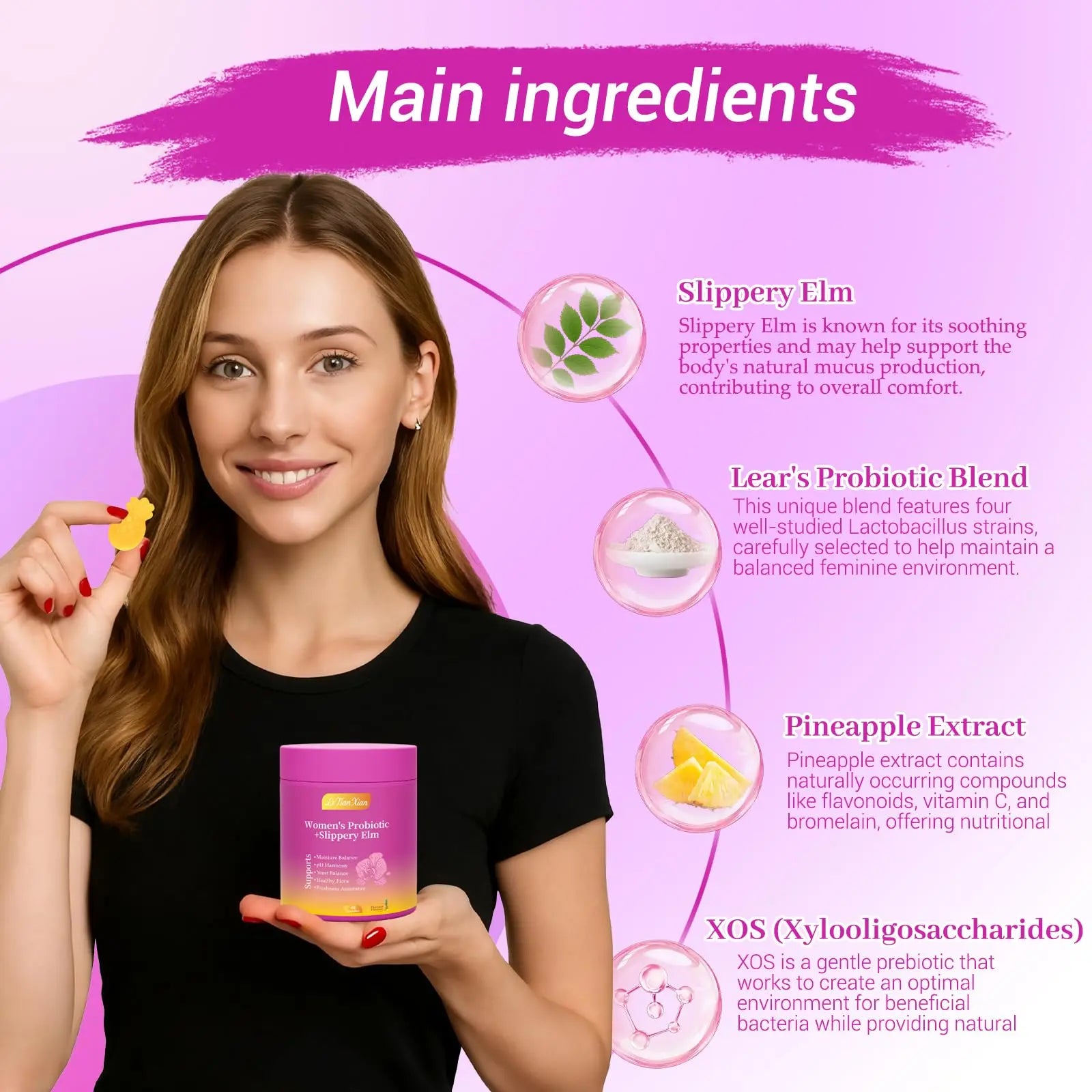Le Tian Xian Her Juicy Feminine Probiotics Gummies for Women with Slippery Elm, Prebiotics & Lactobacillus - for pH Balance & Digestive Health, Tropical Pineapple Flavor, 60 Count Le Tian Xian Au supplements