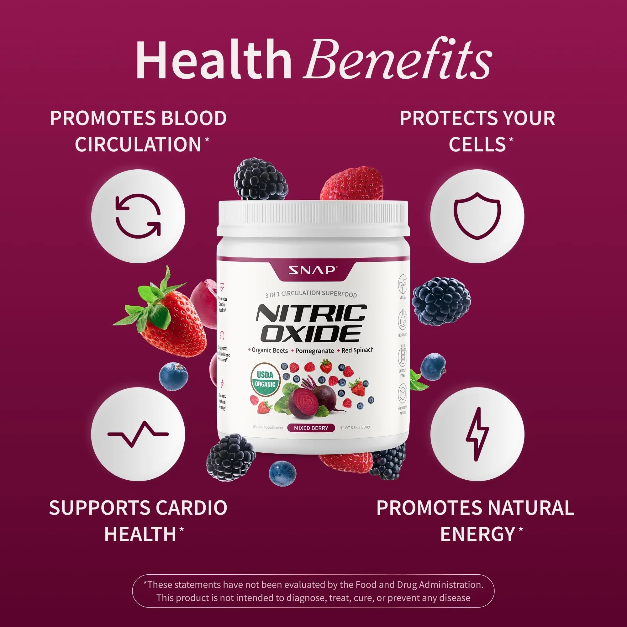 Snap Supplements Organic Beet Root Powder Nitric Oxide Supplement for Men & Women, Red Spinach & Pomegranate, Supports Healthy Energy & Blood Pressure Already in Normal Range, 30 Servings, Mixed Berry Snap Supplements Au supplements