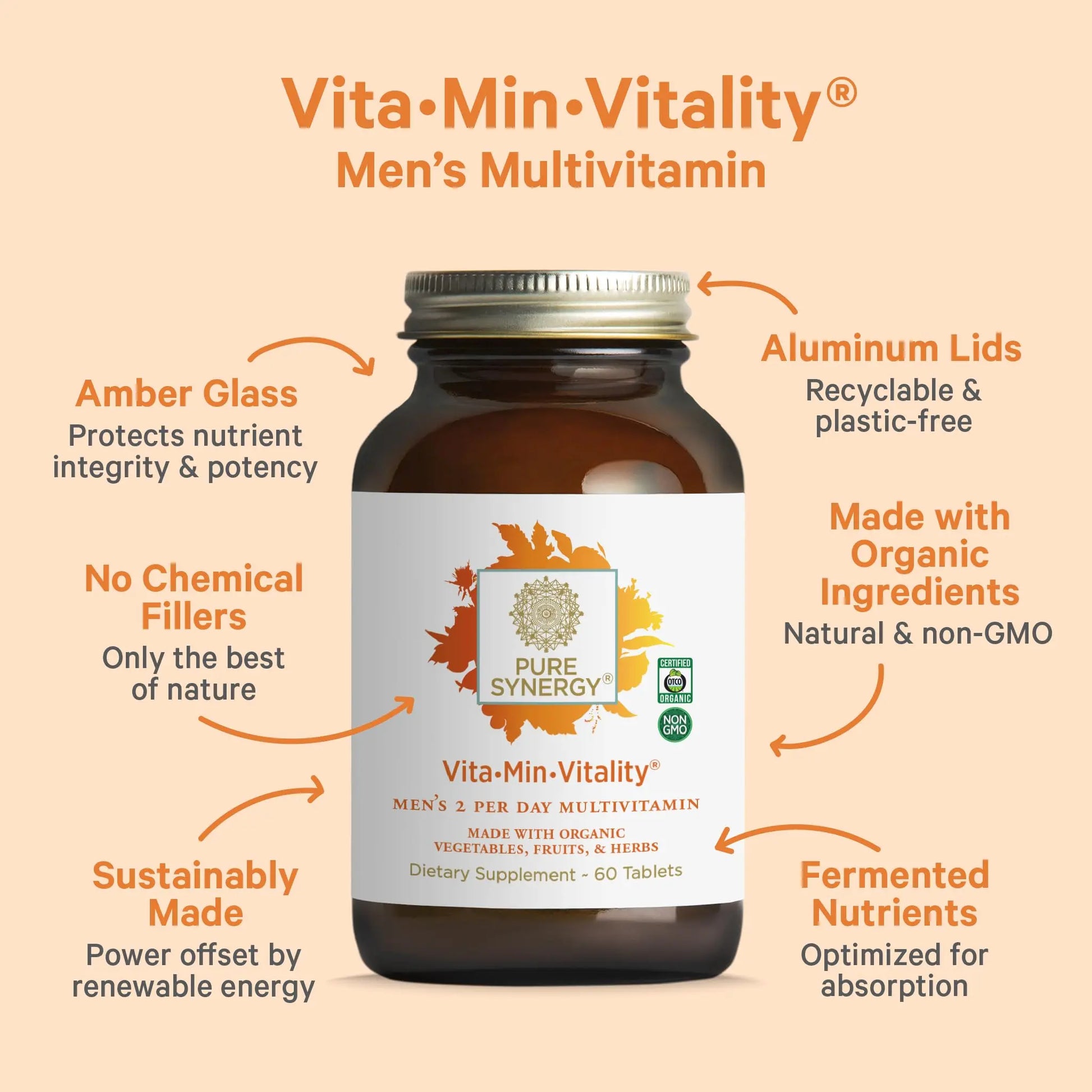 PURE SYNERGY Vita·Min·Vitality | Natural Multivitamin for Men | Men’s Daily Multivitamin Made with Organic Whole Foods | for Energy, Stress, and Immune Support (60 Tablets) PURE SYNERGY Au supplements