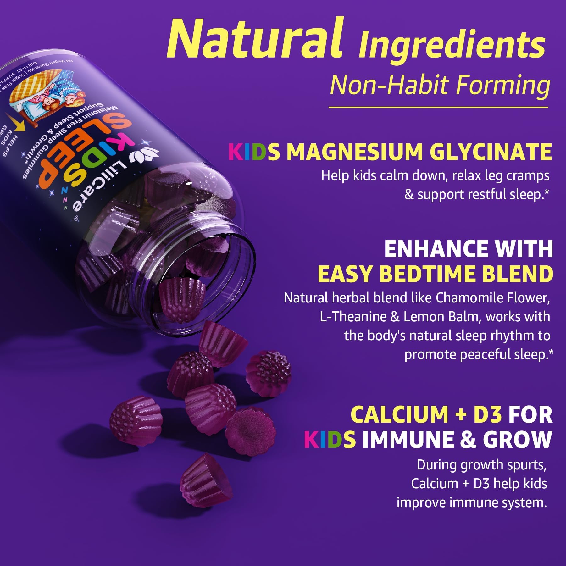 Kids Sleep Gummies - Magnesium Glycinate Gummies, Melatonin Free Sleep Aid | Magnesium, Calcium, D3, B6, L Theanine | Kid Melatonin Alternative for Restful Sleep (Pack of 1) LILICARE Au supplements