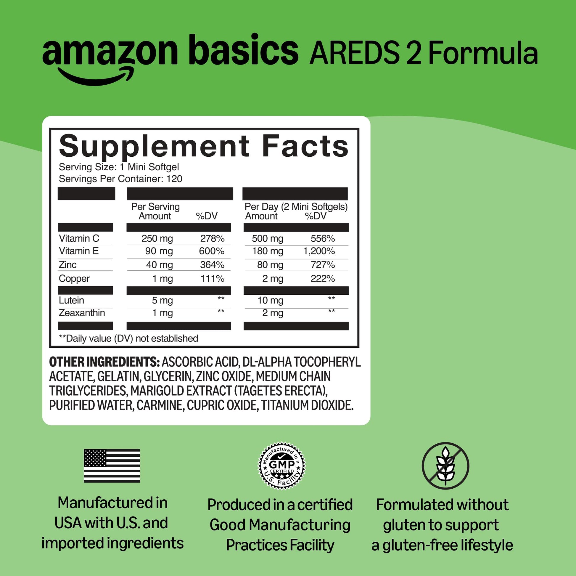 Amazon Basics Eye Vitamin and Mineral Supplement, AREDS 2 Formula with Lutein & Zeaxanthin, 120 Softgels Amazon Basics Au supplements
