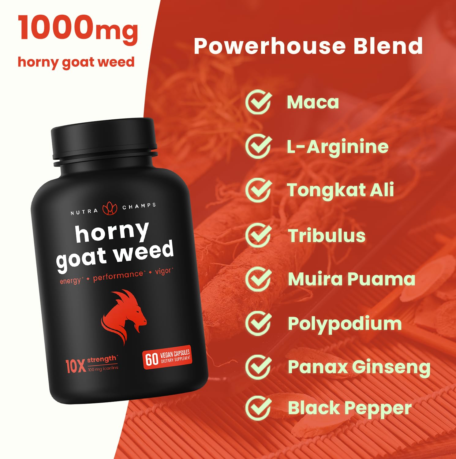NutraChamps Horny Goat Weed, 1000mg Epimedium Energy Supplement, 10X Strength Icariin, Ginseng, Tribulus & Maca Pills for Women & Men, Enhanced Absorption with Black Pepper, 60 Vegan Capsules NutraChamps Au supplements