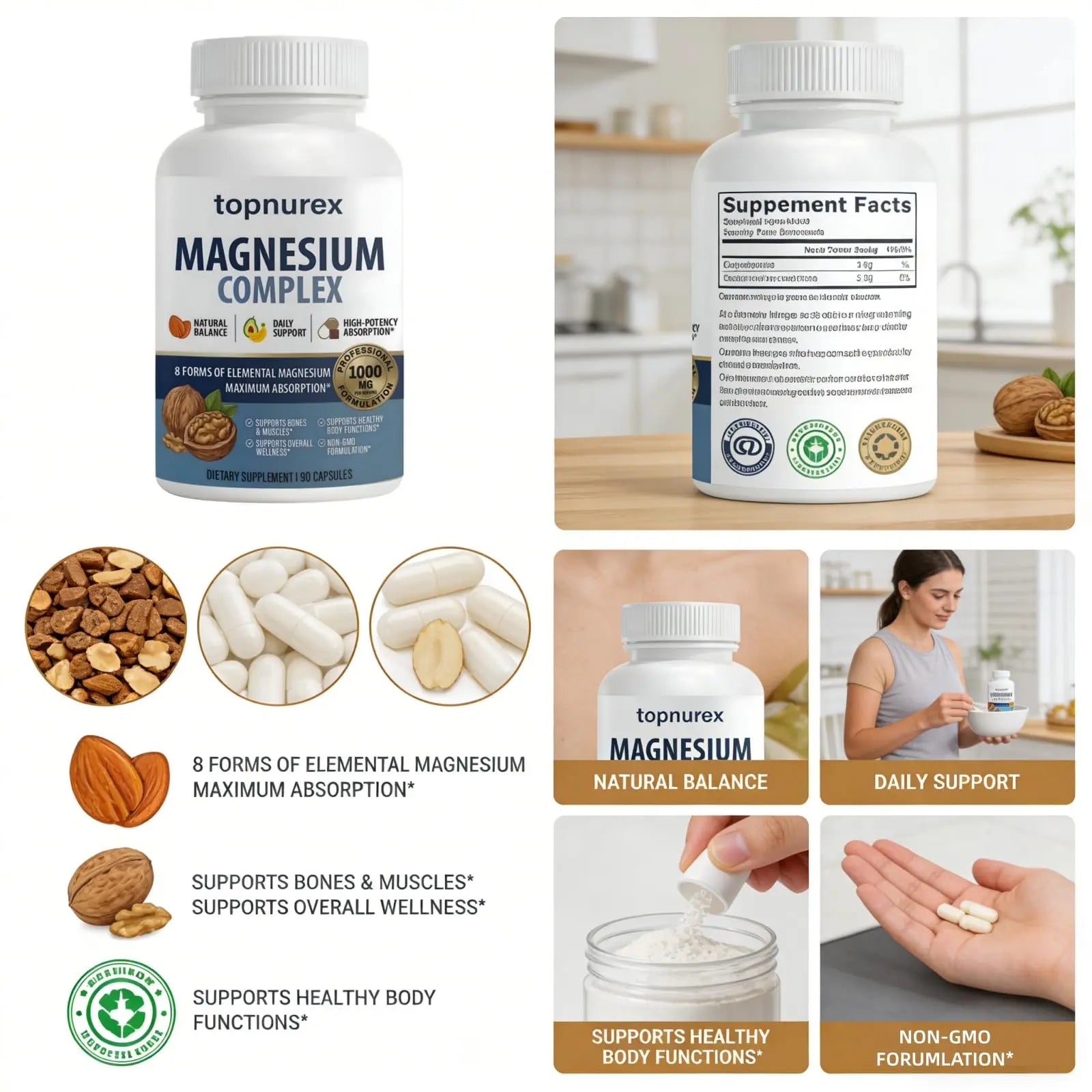 Topnurex Magnesium Complex for Women & Men - 1000mg High Absorption, 8 Essential Magnesium, 90 Capsules Topnurex Au supplements