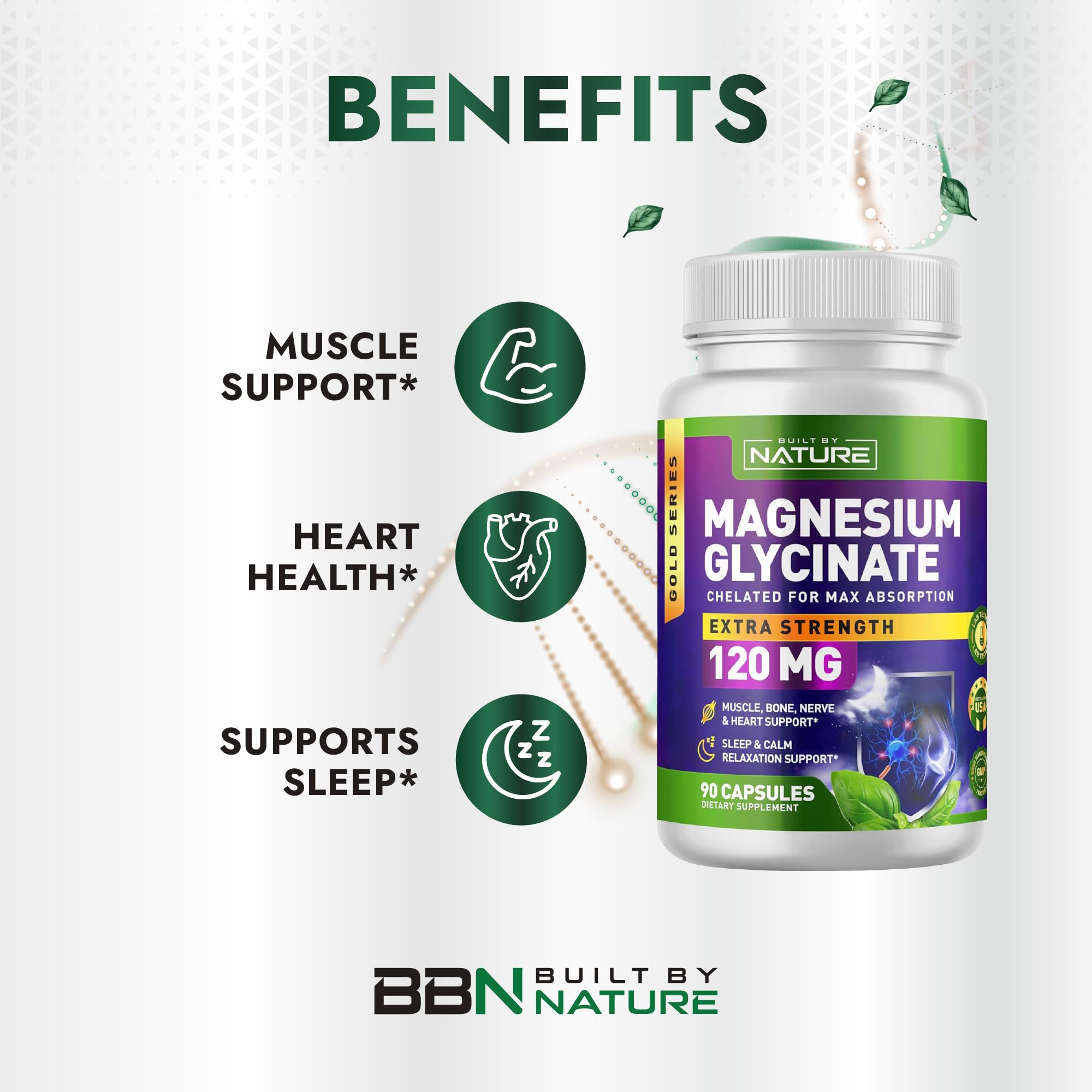 Built By Nature Magnesium Glycinate - Chelated for High Absorption – Supplement to Support Sleep, Muscle, Heart & Nerve Health - 120 mg Magnesium per Serving/Capsule - 90 Capsules Built by Nature Au supplements