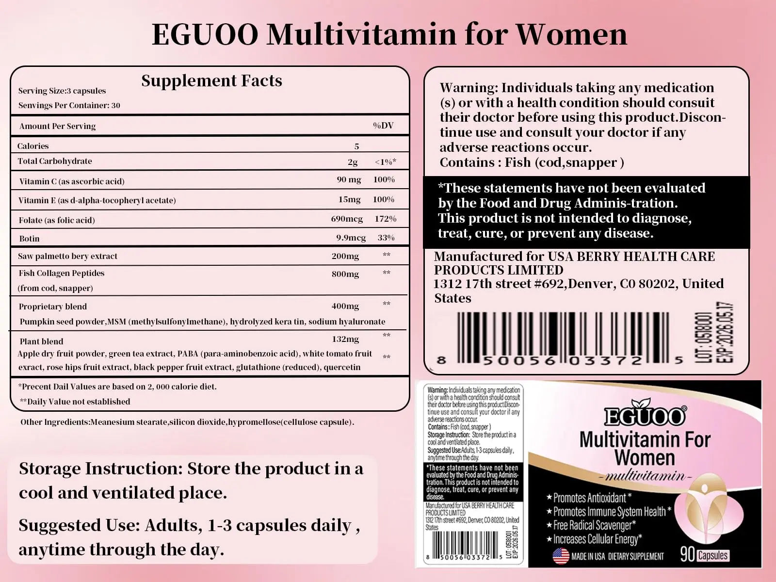 EGUOO Women’s Multivitamin 90 Capsules - Vitamin C, E, Biotin & Folic Acid for Energy, Immune Support, Brain, Heart, Eye & Bone Health EGUOO Au supplements