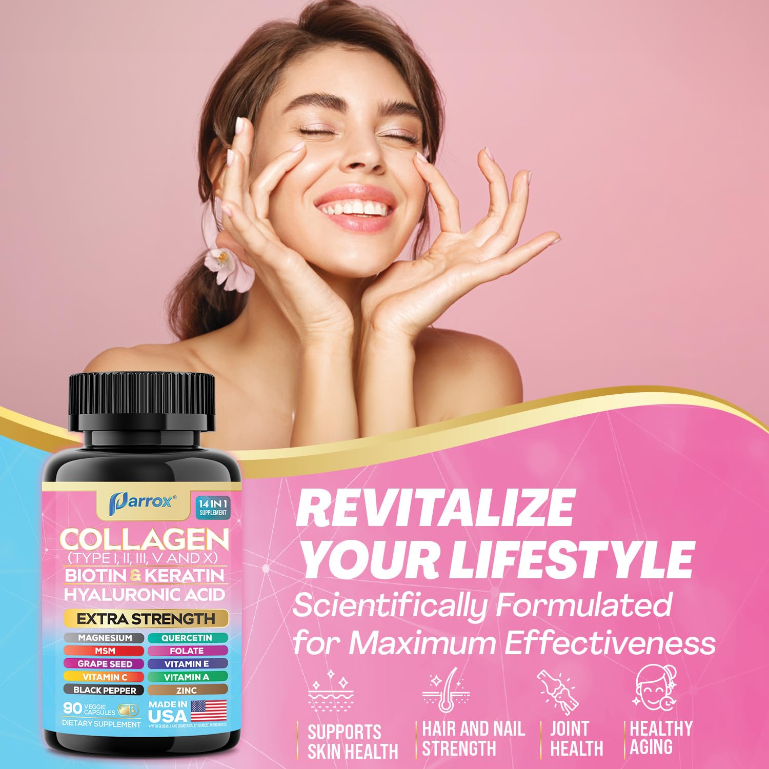 Parrox Collagen Peptides Types I, II, III, V & X, MCG Biotin, Keratin, Hyaluronic Acid, MSM, Zinc, Grape Seed Extract, Quercetin, Vitamin A, Vitamin C, Vitamin E, Magnesium, Folic Acid (90 Capsules) Parrox Au supplements